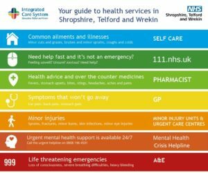 Think which service graphic. Stripes of colour outlining the different health services available in Shropshire, Telford and Wrekin.