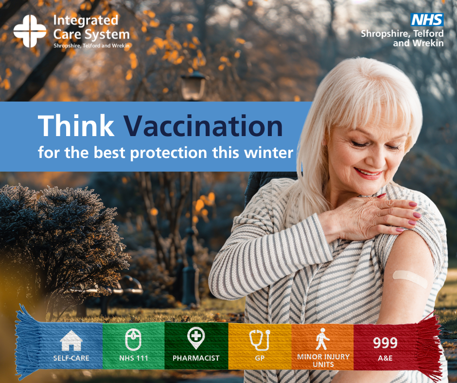 Women looking at vaccinated arm. Text reads: Think Vaccination.