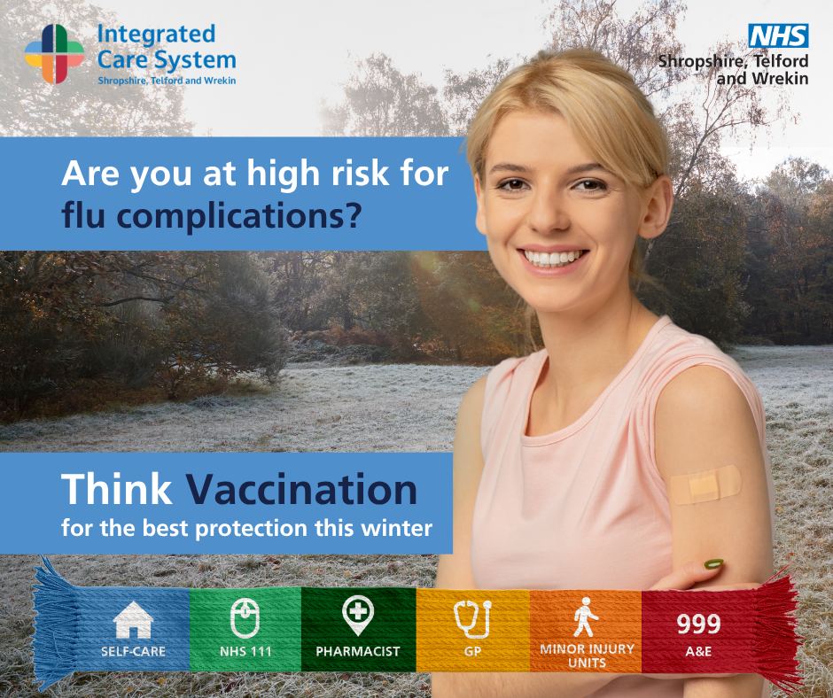 A woman smiling with a plaster on her arm. Text reads: Are you at high risk for flu complications?
