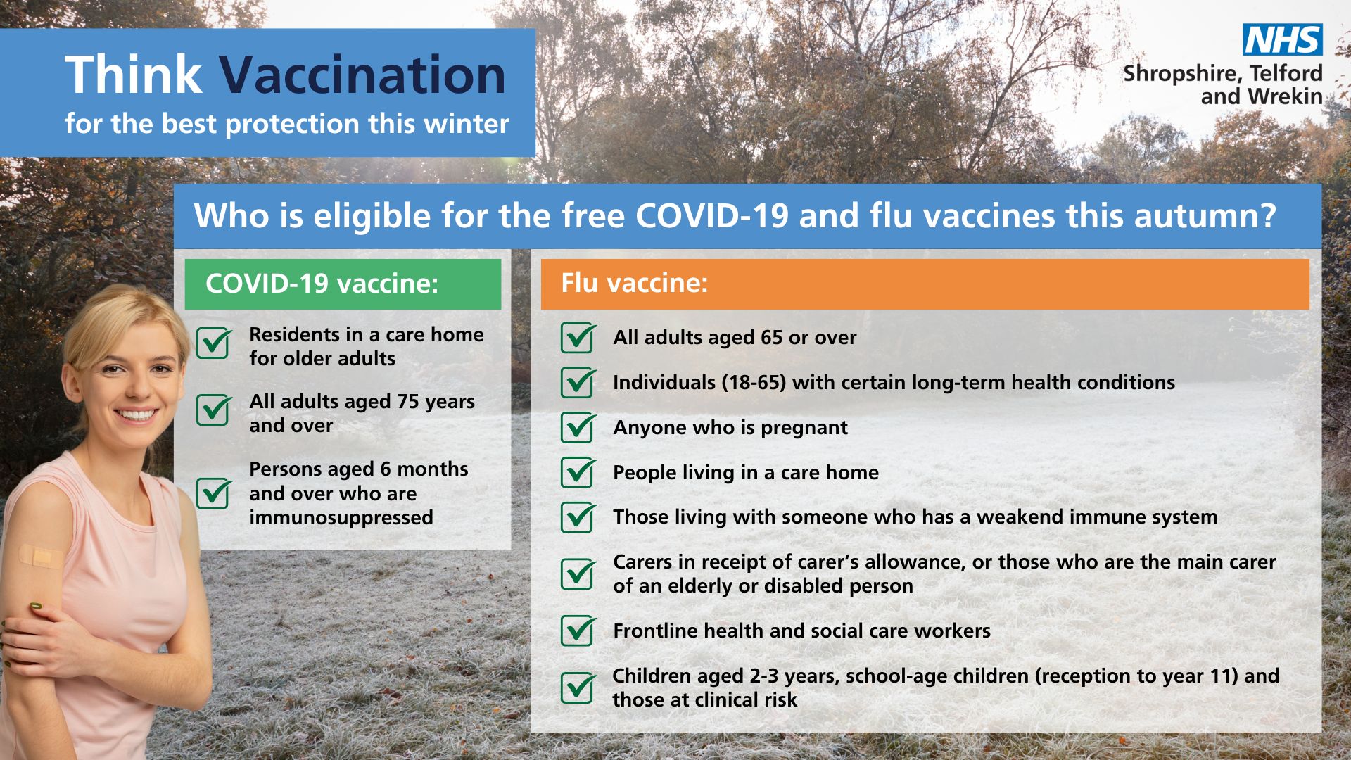 COVID-19 and flu vaccines eligibility artwork A graphic listing who is eligible for the Flu and Covid vaccine