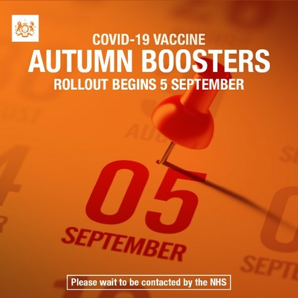 Image showing a calendar date with text 'COVID19 vaccine autumn boosters rollout begins 5 September. Please wait to be contacted by the NHS'