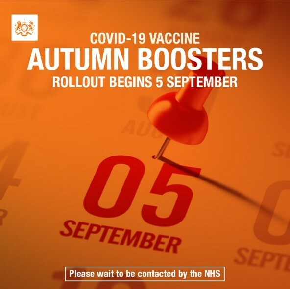 COVID19 vaccine Image showing a calendar date with text 'COVID19 vaccine autumn boosters rollout begins 5 September. Please wait to be contacted by the NHS'