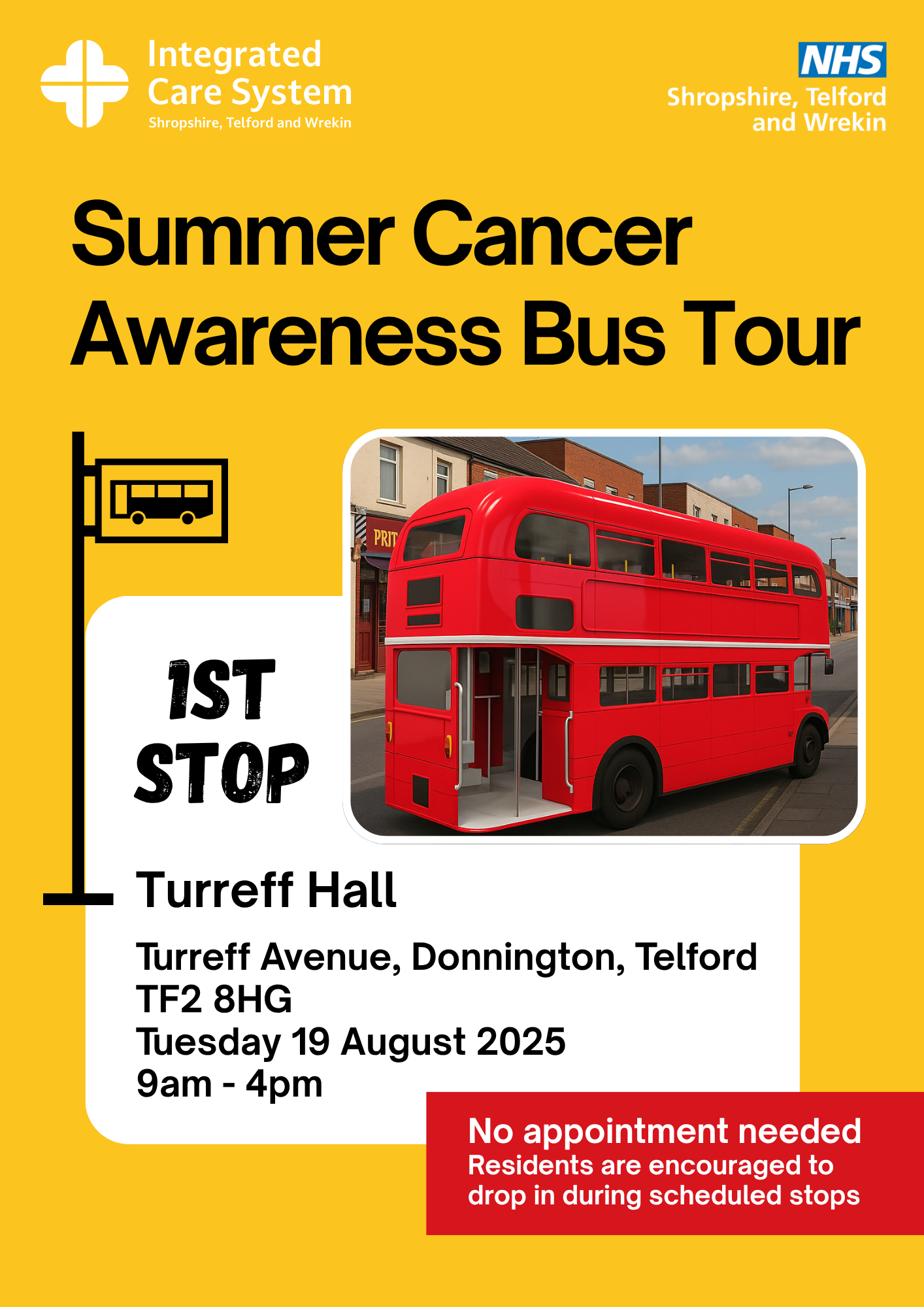 Cancer Bus Tour 2025 (3) Text reads: Summer Cancer Awareness Bus Tour. 1st stop, Tuffett Hall Donnington. Tuesday 19 August 2025.