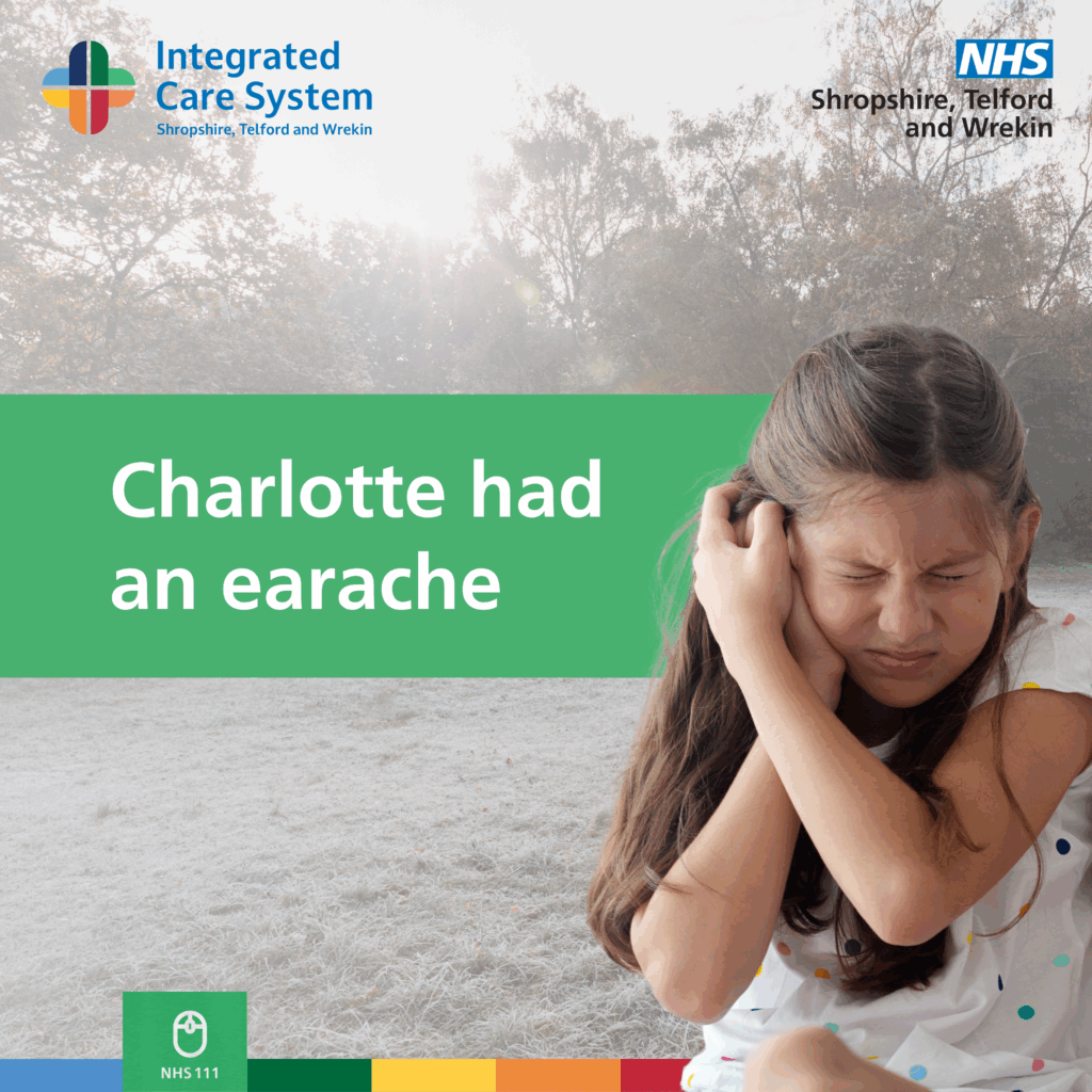 A young girl holding her ear. Text reads: Charlotte had an earache.