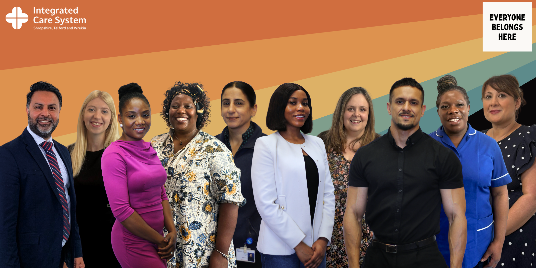 Everyone belongs here banner graphic. Group of diverse people standing in front of an orange background.