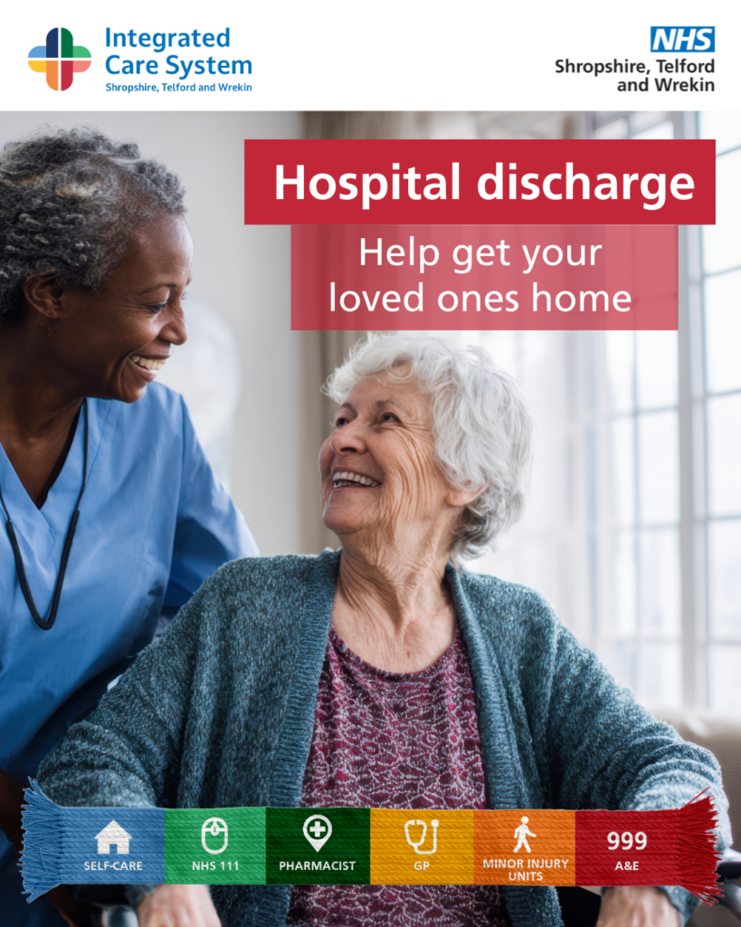 Nurse pushing an elderly woman in a wheelchair. Text reads: Hospital discharge. Help get your loved ones home.