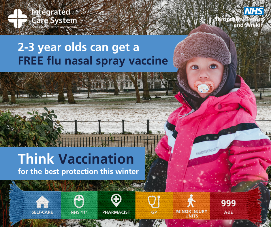 A toddler in a winter coat. Text reads: 2-3 year olds can get a free flu nasal spray vaccine. Think Vaccination for the best protection this winter