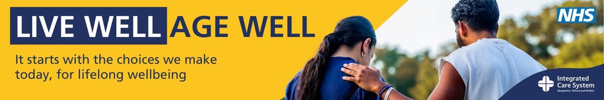 man and woman comforting each other whilst on a walk. Text reads: live well, age well. It starts with the choices we make today, for lifelong wellbeing.