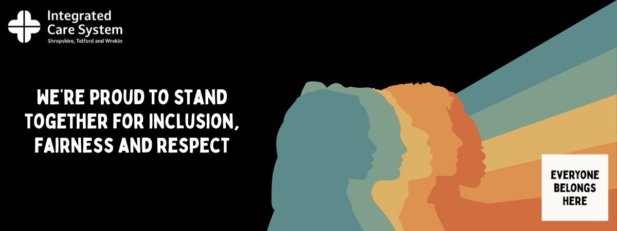 Black background with coloured side profiles of people. Text reads: We're proud to stand together for inclusion, fairness and respect.