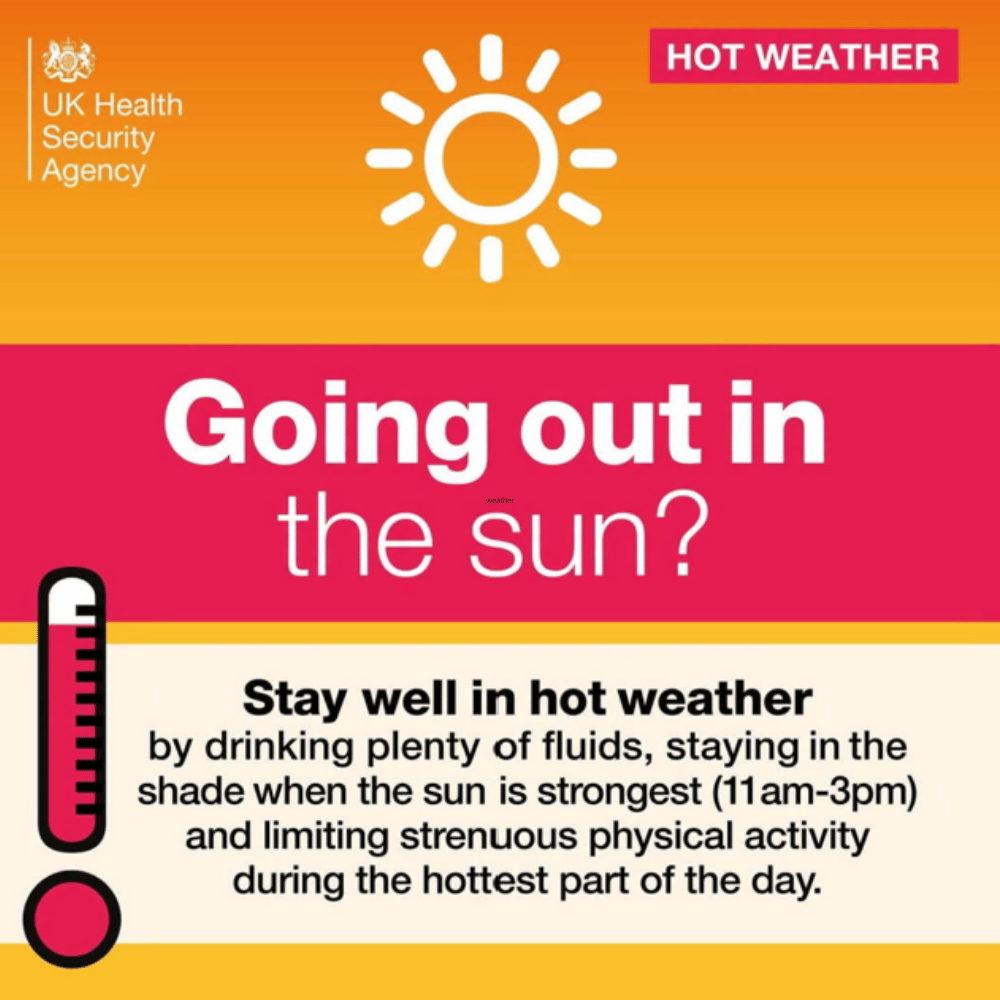 Image text reads: Going out in the sun? Stay well in hot weather by drinking plenty of fluids, staying in the shade when the sun is strongest and limiting strenuous physical activity during the hottest part of the day