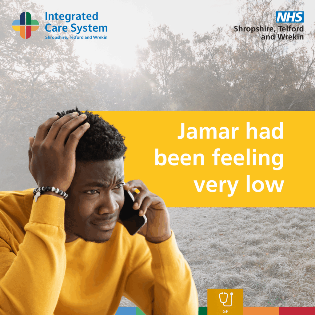 Man with an upset face tlaking on the phone. Text reads: Jamar had been feeling very low.