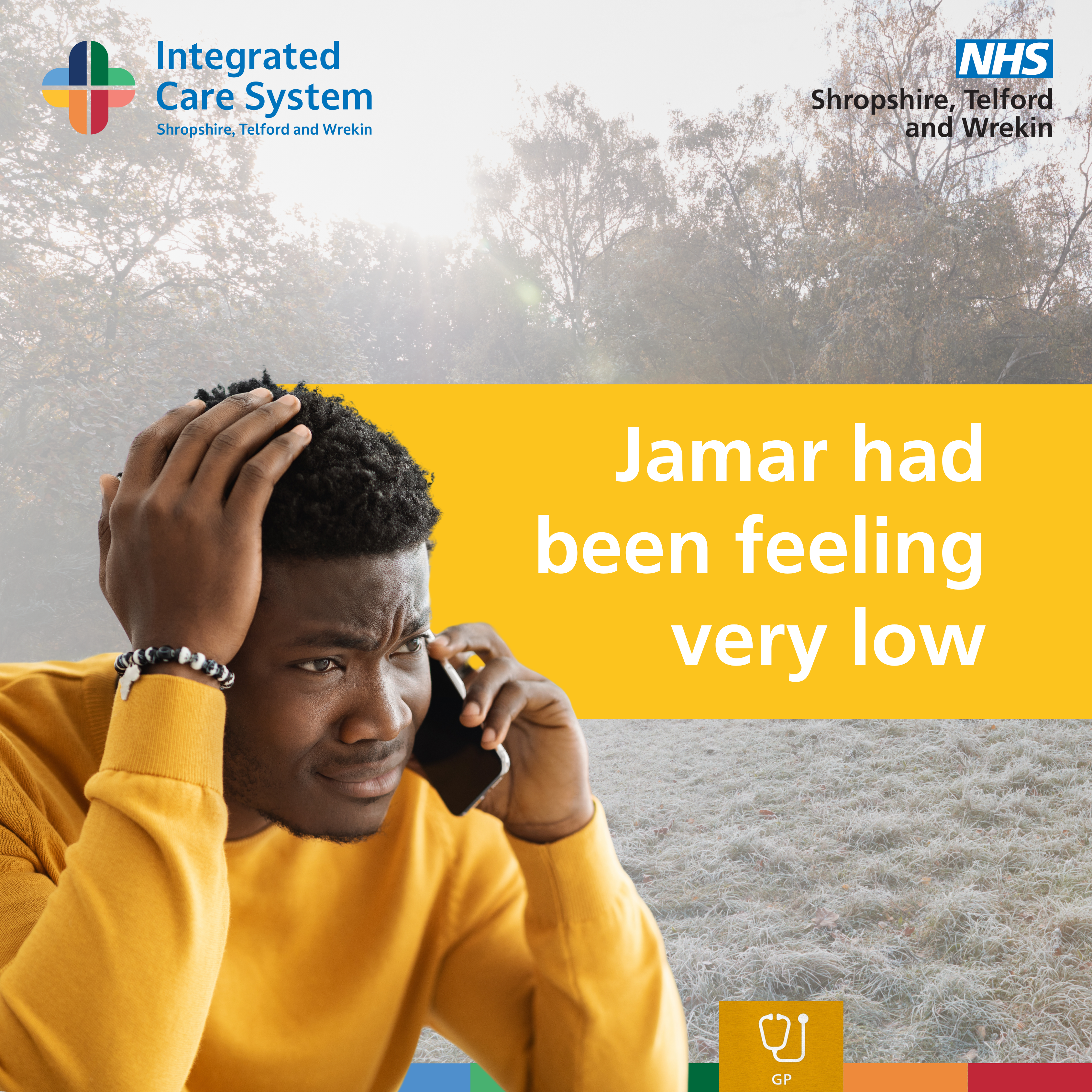Man with an upset face tlaking on the phone. Text reads: Jamar had been feeling very low.