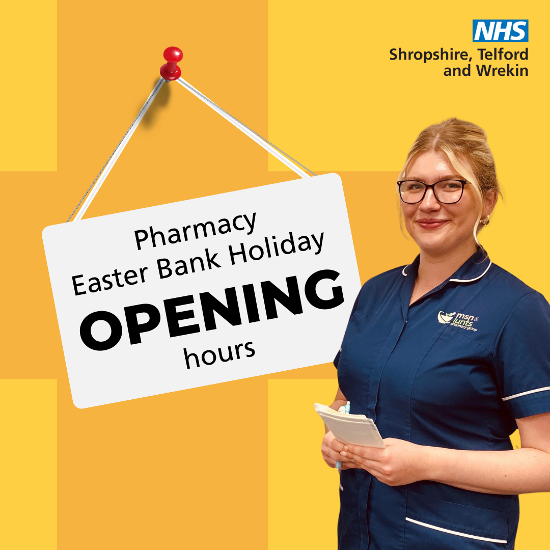 A woman smiling. Text reads: Pharmacy Easter Bank Holiday Opening Hours