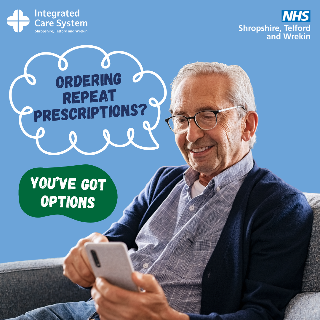 A man smiling looking at his smartphone. Text reads: Ordering repeat prescriptions? You've got options.