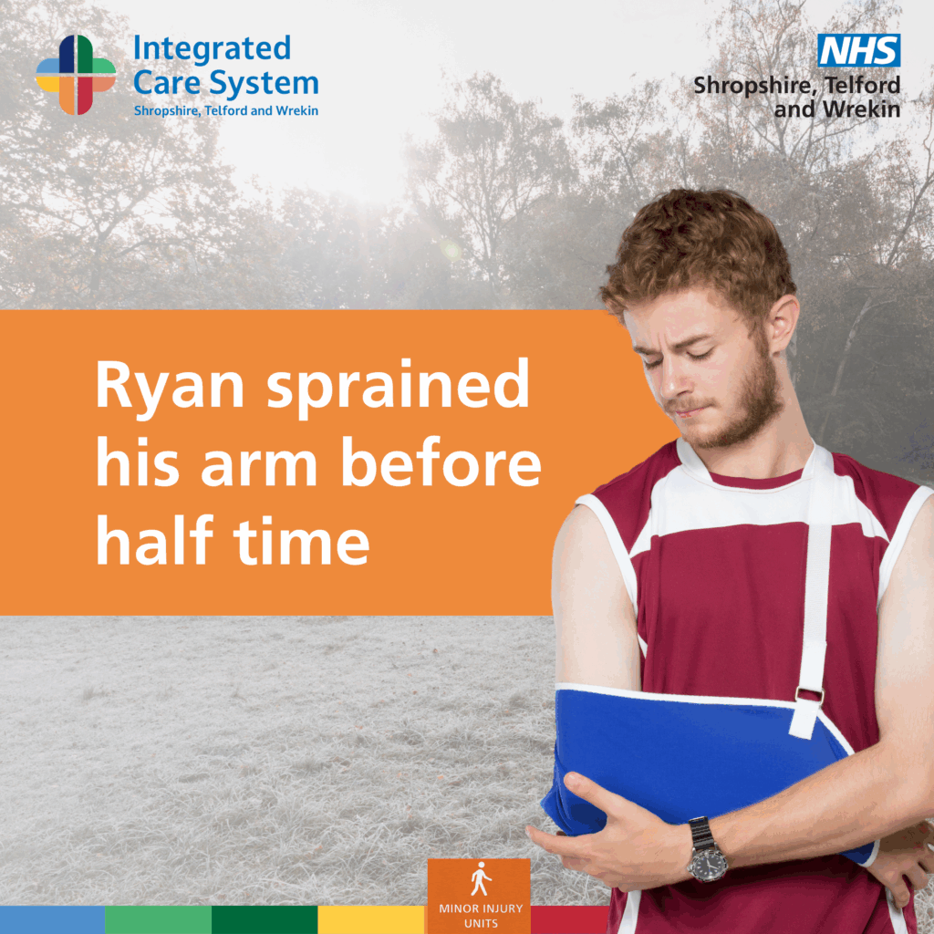 Man with his arm in a ling. Text reads: Ryan sprained his arm before half time.