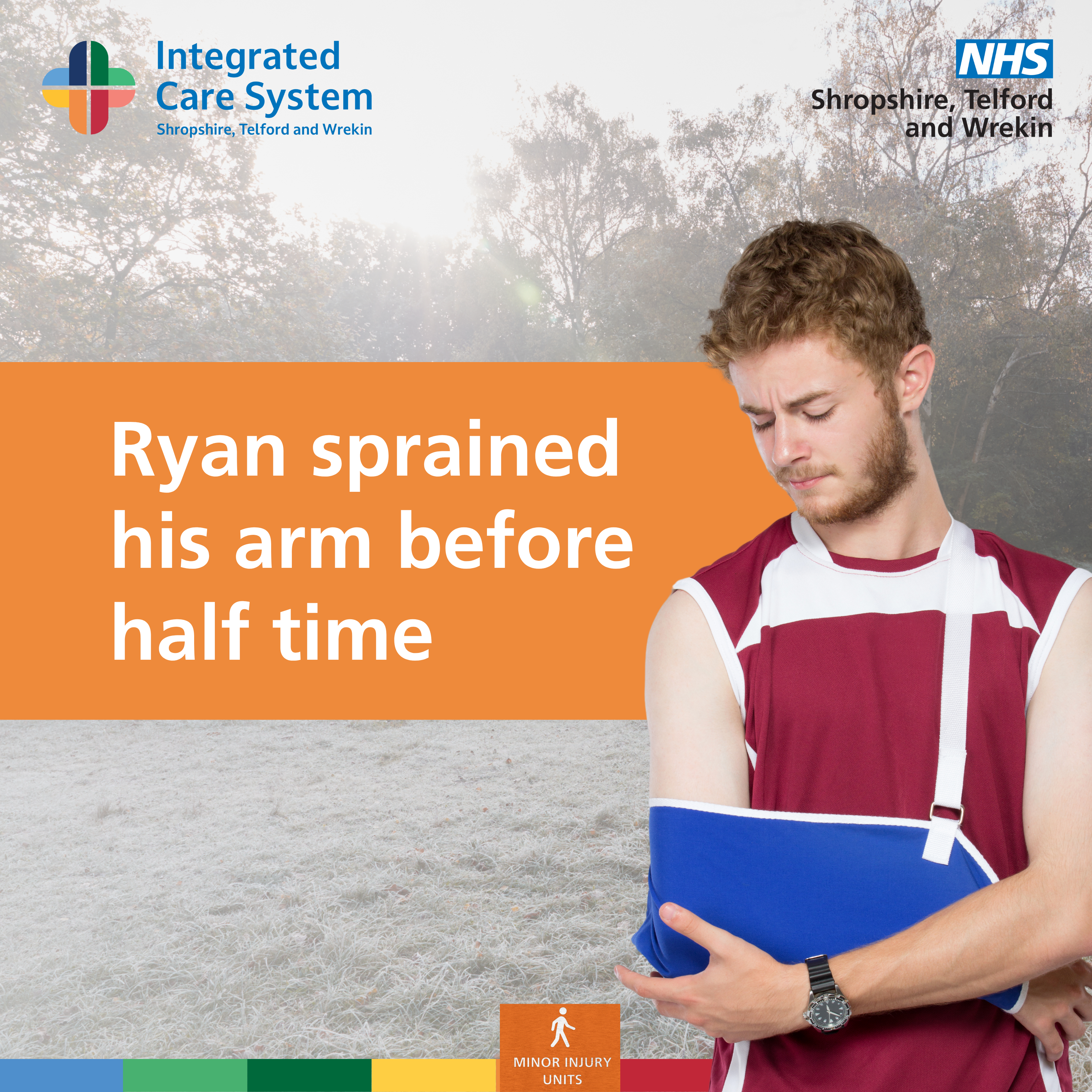Man with his arm in a ling. Text reads: Ryan sprained his arm before half time.