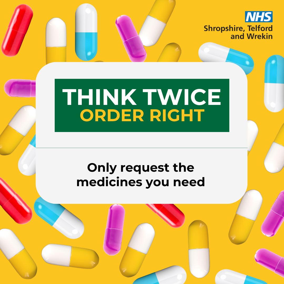 Think Twice Order Right Campaign. Yellow background with falling colourful pills. Text reads: Think twice order right, only request the medicines you need.