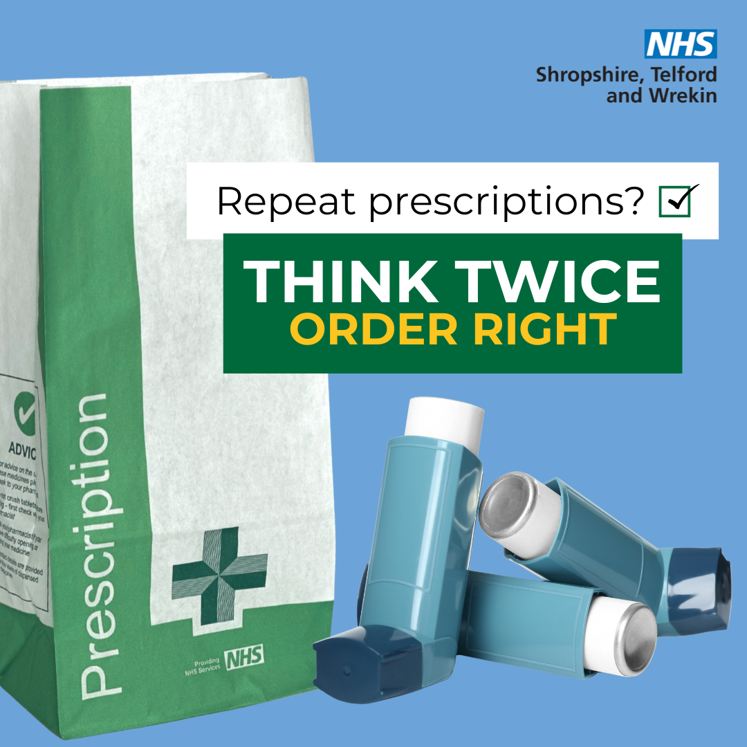 Social Media 7 Think Twice Order Right Campaign. Blue background with a pharmacy paper bag and inhalers.