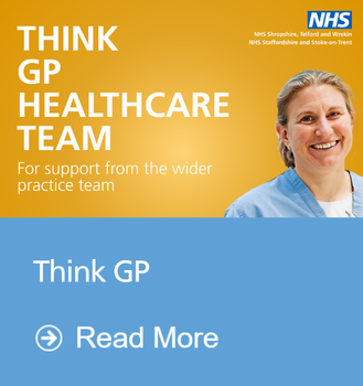 GP on a yellow background. Text reads: Think GP Healthcare Team for support from the wider practice team