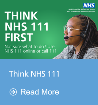NHS111 call handler on a phone call using a headset. Text reads: Think NHS 111 First. Not sure what to do? Use NHS 111 online or call 111