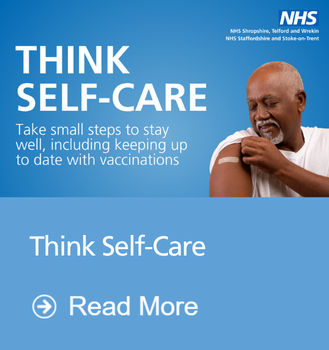 local resident with plaster on arms from vaccination on blue background. Text reads: Think self-care take small steps to saty well, including keeping up to date with vaccinations