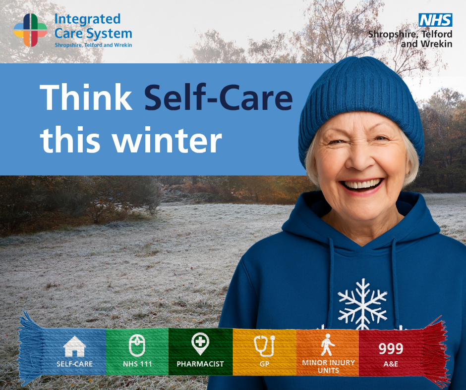 A woman in a hoodie and hat. Text reads: Think Self-care this winter