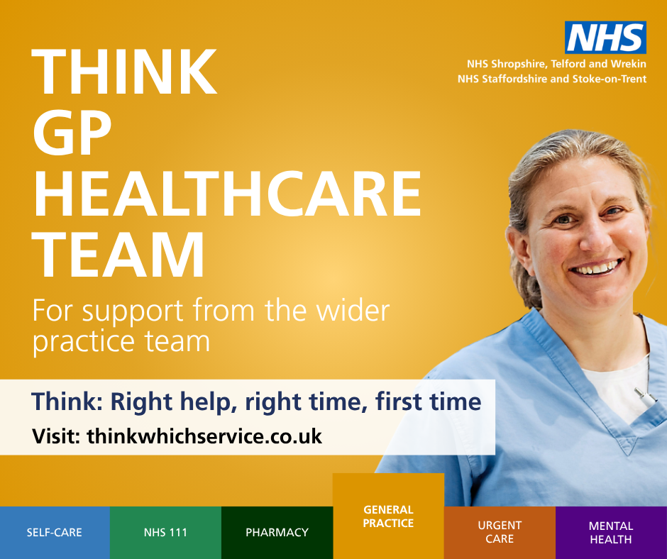 GP on a yellow background. Text reads: Think GP Healthcare Team for support from the wider practice team
