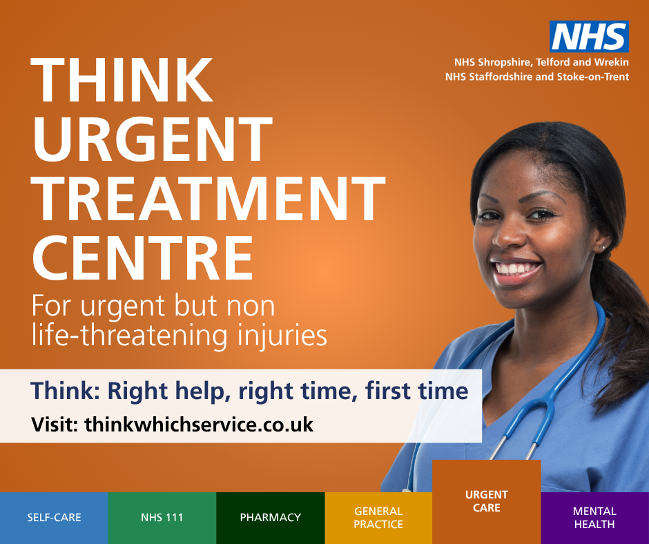 Nurse on orange background. Text reads: Think urgent treatment centre, for urgent but non life threatening injuries