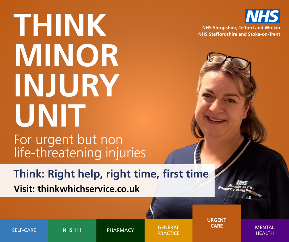 Nurse on orange background. Text reads: Think urgent treatment centre, for urgent but non life threatening injuries