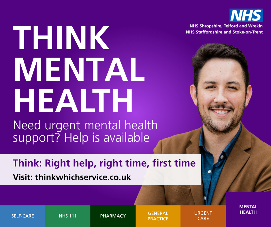 Mental health practitioner on purple background. Text reads: Think mental health. Need urgent mental health support? Help is available.