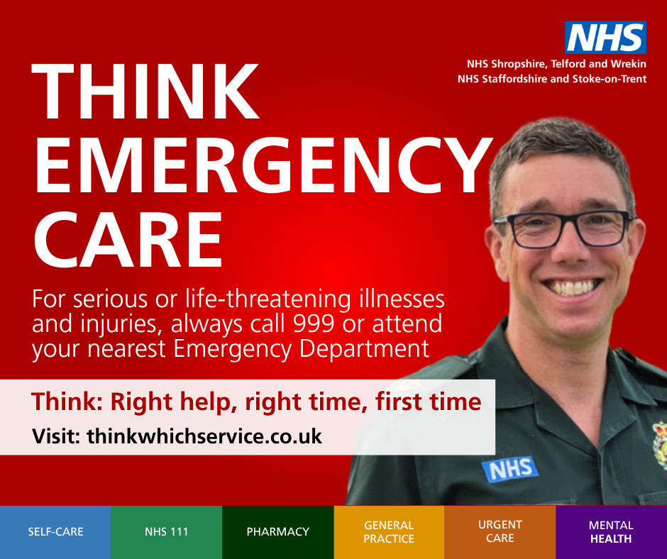 Male ambulance worker on a red background. Text reads: Think Emergency Care. For serious or life-threatening illnesses and injuries, always call 999 or attend your nearest Emergency Department.
