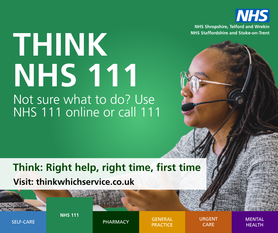 NHS111 call handler on a phone call using a headset. Text reads: Think NHS 111 First. Not sure what to do? Use NHS 111 online or call 111