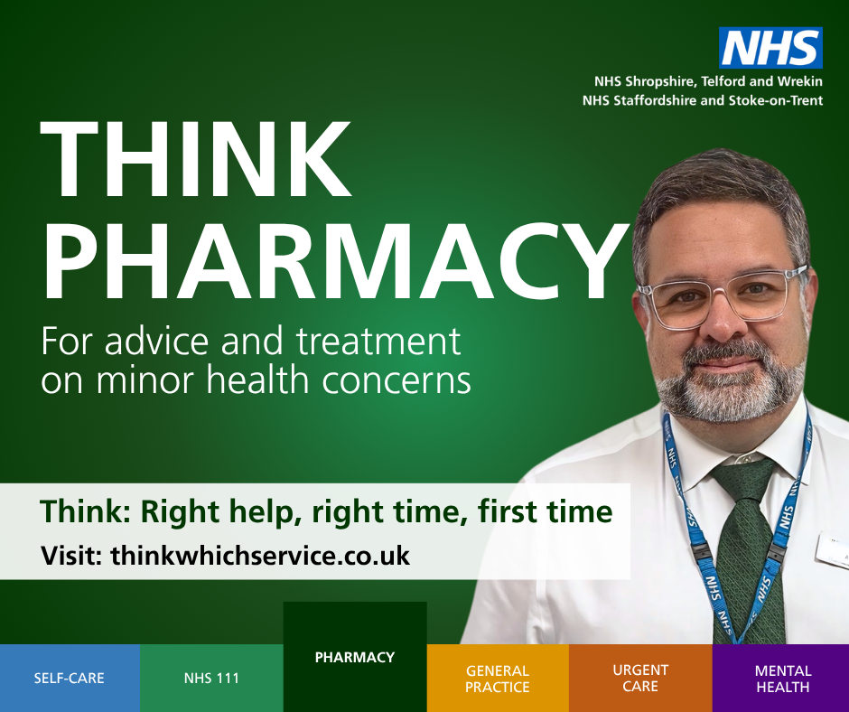 pharmacist on a green background. Text reads: Think Pharmacy for advice and treatment on minor health concerns