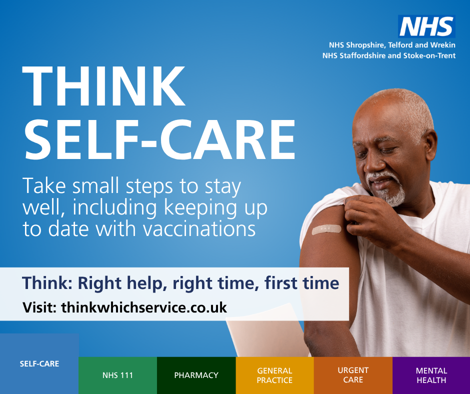 local resident with plaster on arms from vaccination on blue background. Text reads: Think self-care take small steps to saty well, including keeping up to date with vaccinations
