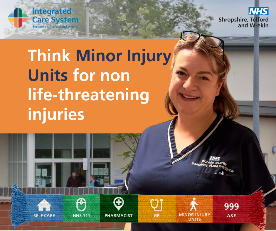 Think Which Service campaign graphic. Text reads: think Minor Injury Units for non life-threatening injuries