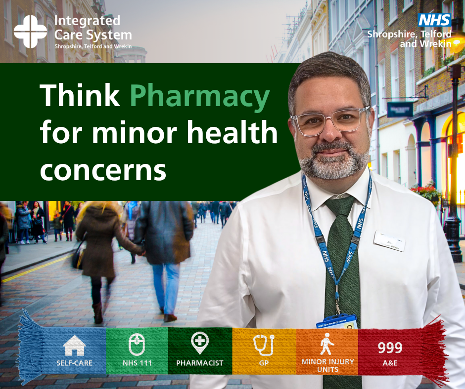 Think Which Service campaign graphic. Text reads: Think pharmacy for minor health concerns