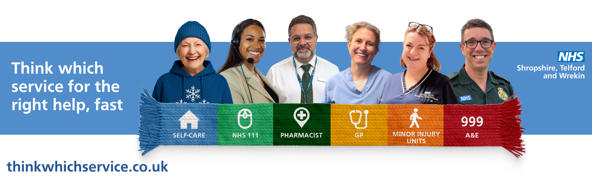 Think Which Service banner with a selection of health care workers