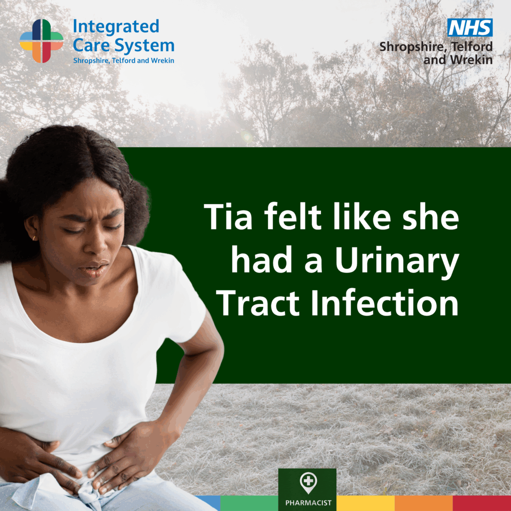 Women in pain holding onto her tummy. Text reads: Tia felt she had a urinary tract infection.