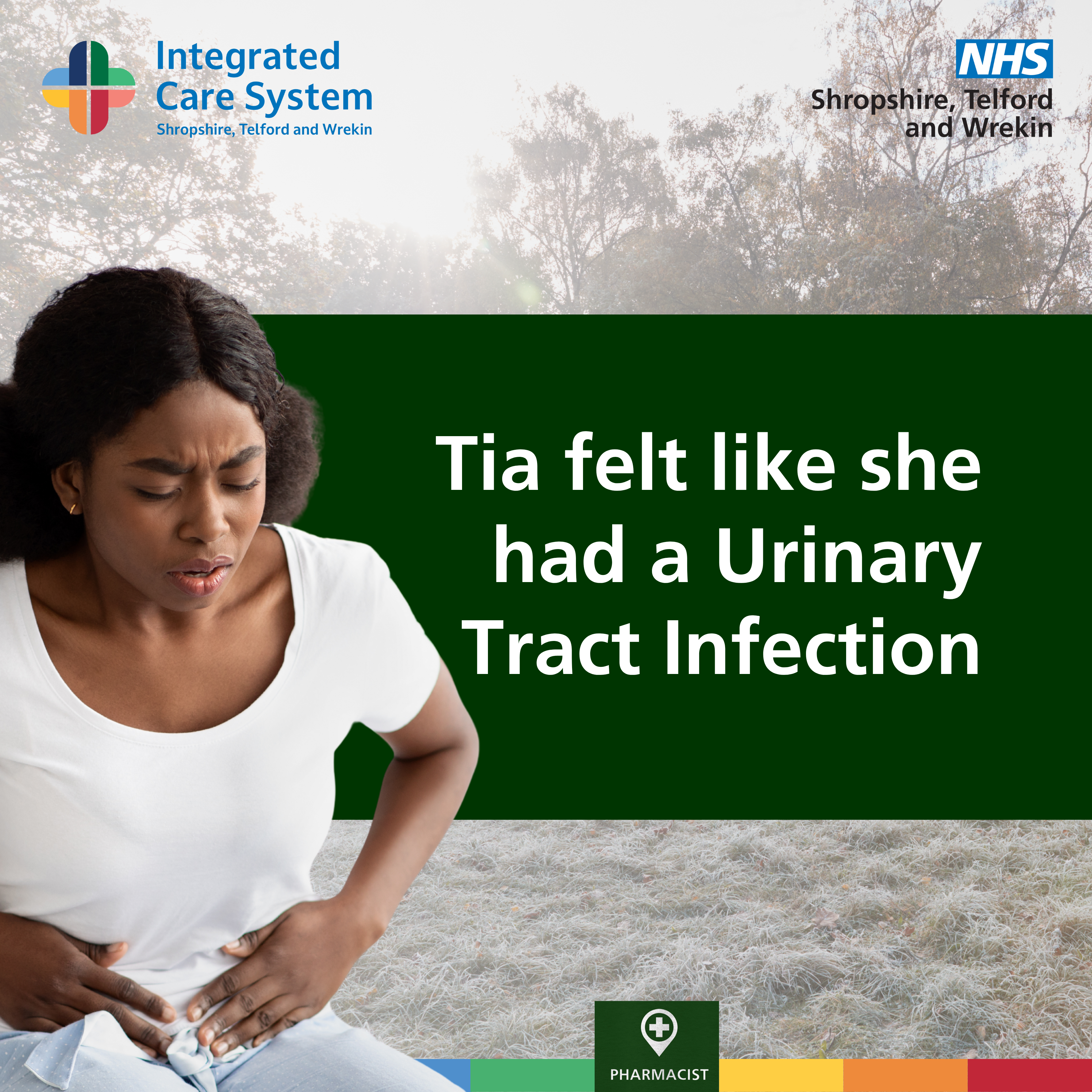 Women in pain holding onto her tummy. Text reads: Tia felt she had a urinary tract infection.