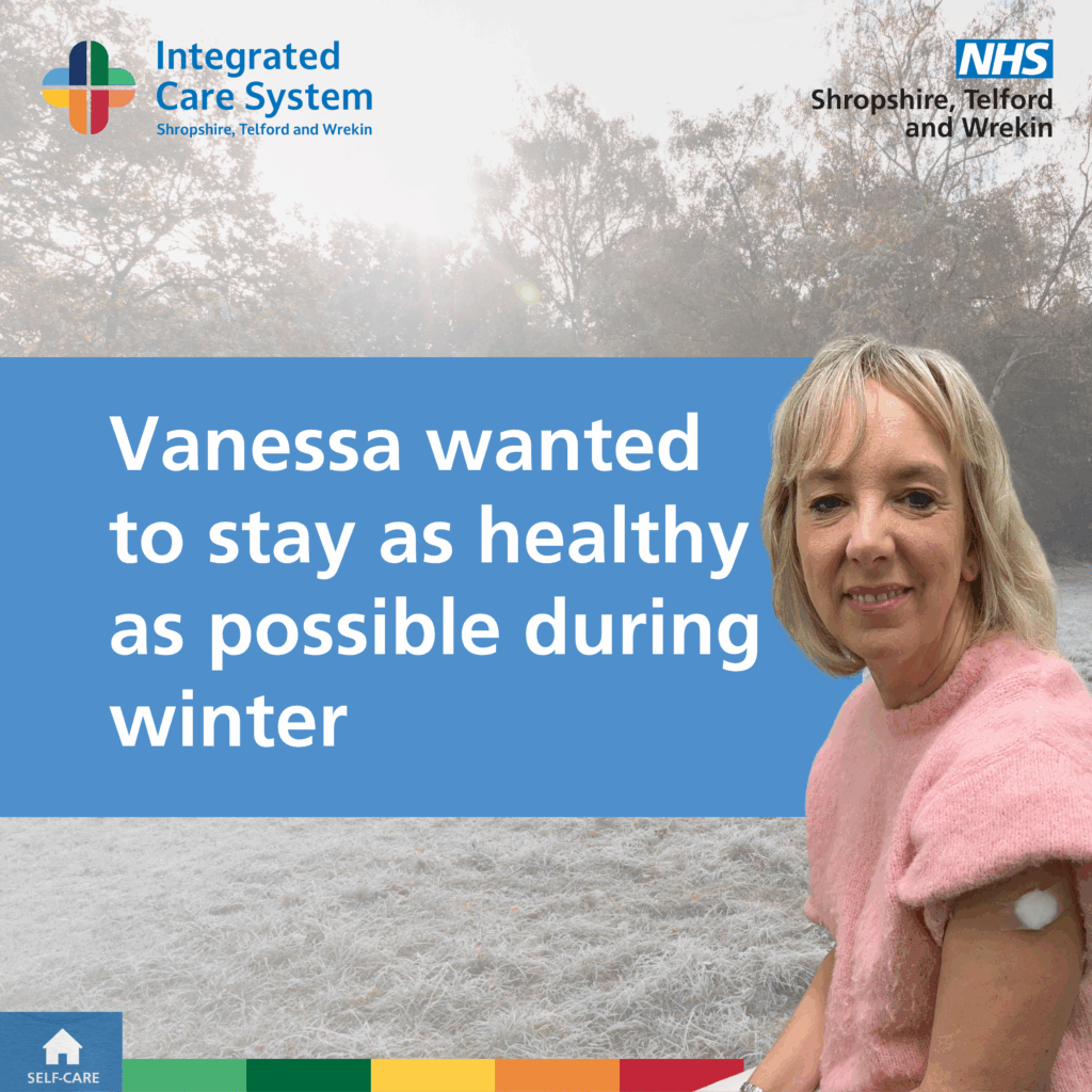 woman sat on chair with a plaster on it. Text Reads: Vanessa wanted to stay as healthy as possible during winter.