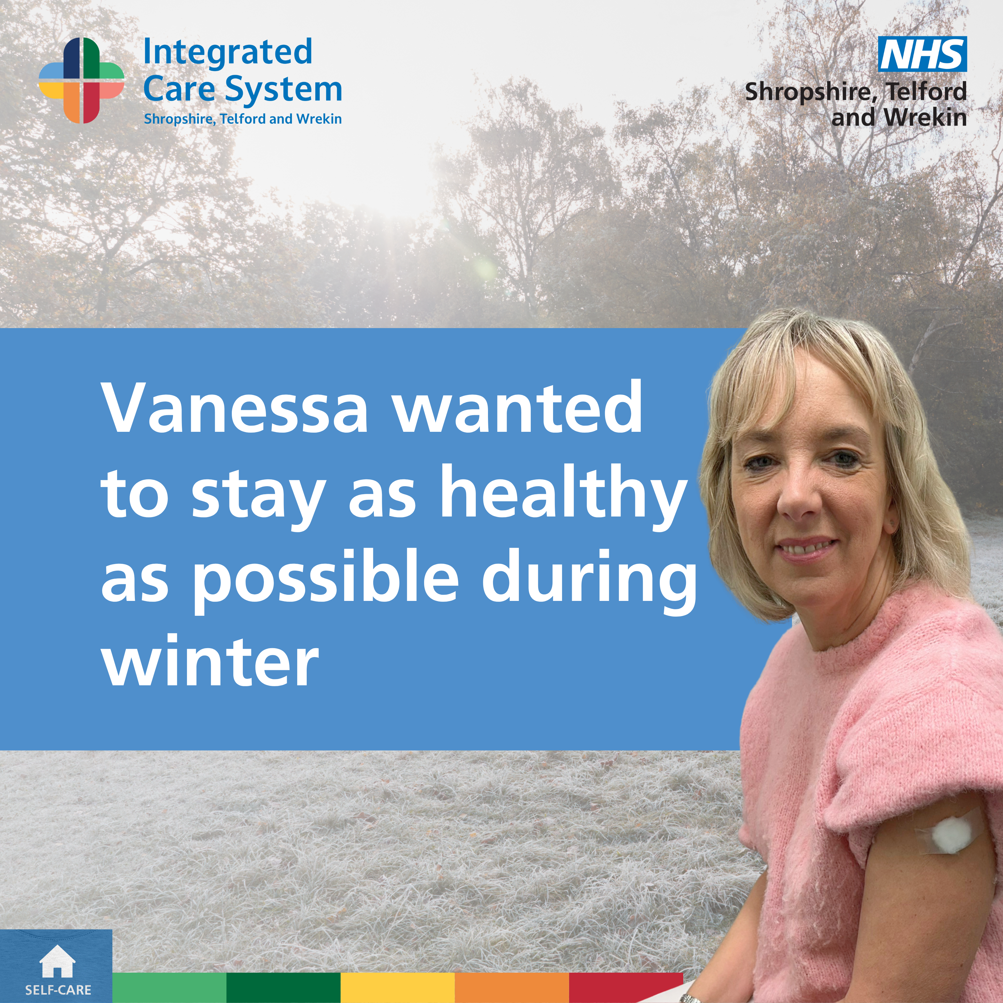 woman sat on chair with a plaster on it. Text Reads: Vanessa wanted to stay as healthy as possible during winter.