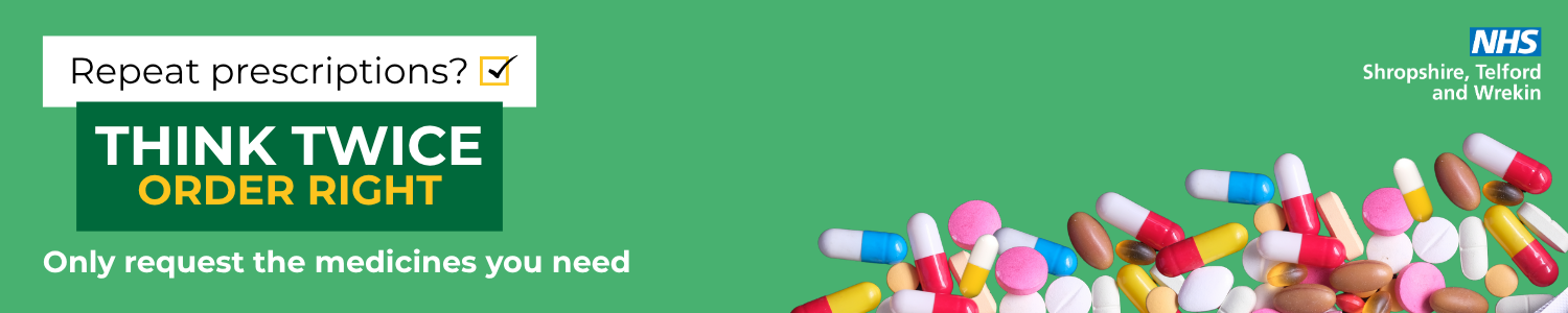 Website header (3) Green background with colour tablets scattered. Text reads: Think Twice, Order Right.